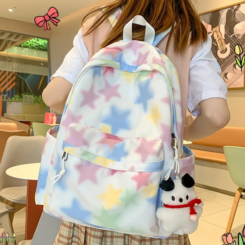 Rainbow Girl Nylon Backpack Regular Women's Purple/White/Green/Black-3