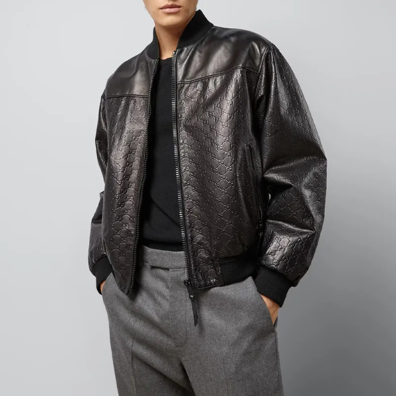 GUCCI Gg Debossed pattern Leather Jacket-2