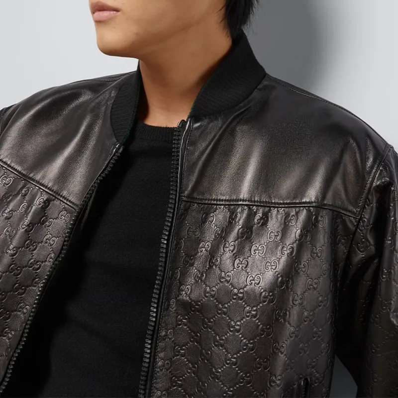 GUCCI Gg Debossed pattern Leather Jacket-3
