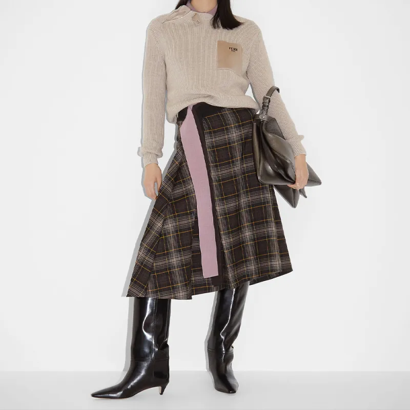 FENDI Tartan Asymmetric Hem Draped Skirt-3