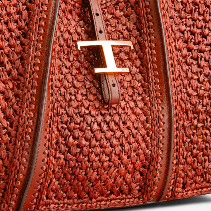 TOD'S T Timeless Raffia With Leather Shoulder Bag Medium Size Women's Orange-3