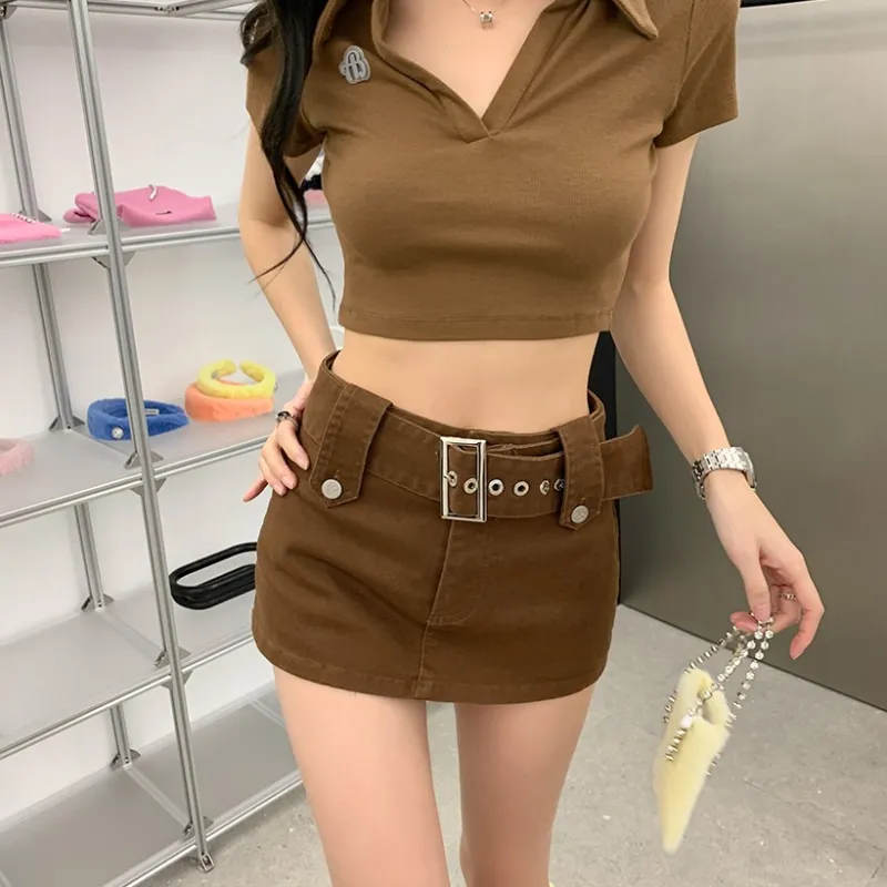 HUASJ Denim Short Skirts Women's Brown-3