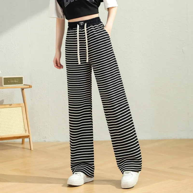 JEANSWEST Casual Pants Women's Black White Stripes-1
