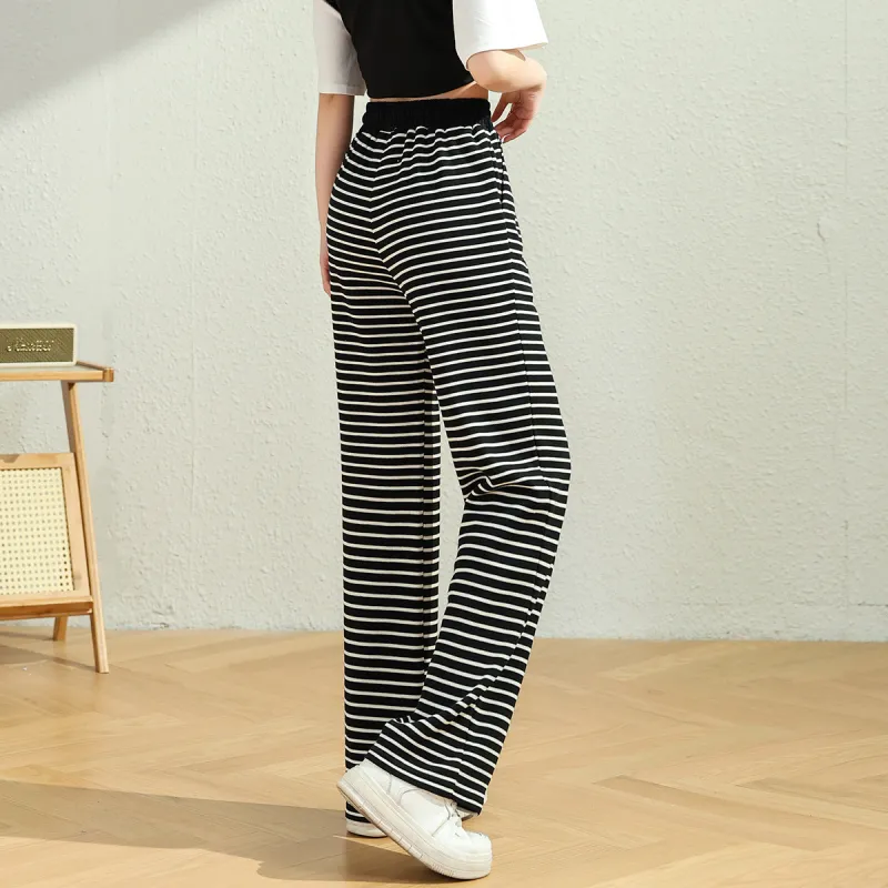 JEANSWEST Casual Pants Women's Black White Stripes-2