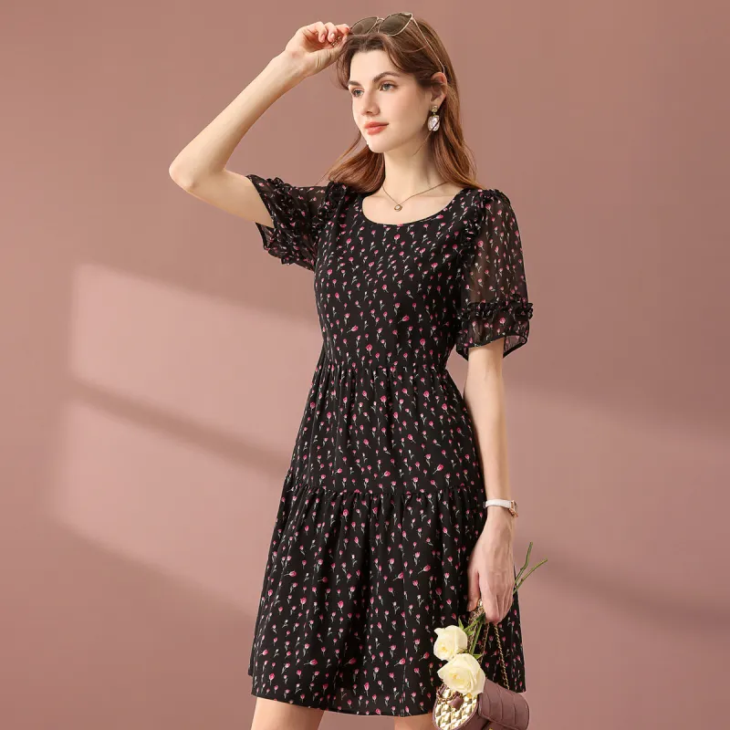 FENHONGMALI Short Sleeved Dress Women's Black-1