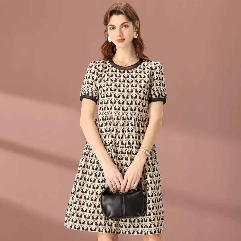 FENHONGMALI Short Sleeved Dress Women's Apricot With Floral-1