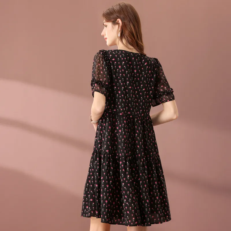 FENHONGMALI Short Sleeved Dress Women's Black-2
