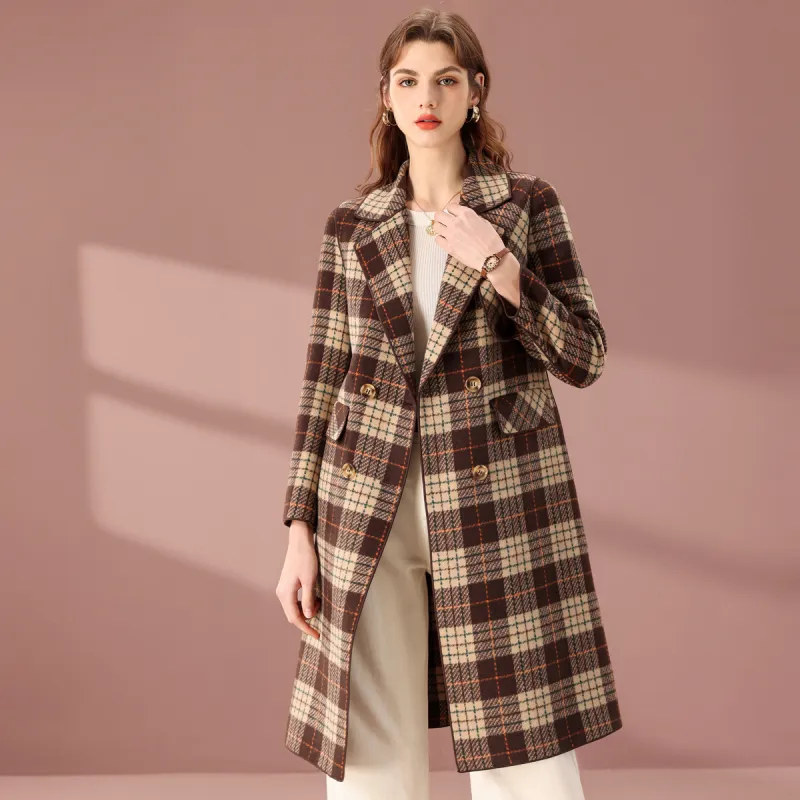 FENHONGMALI Coats Women's Coffee Plaid-2