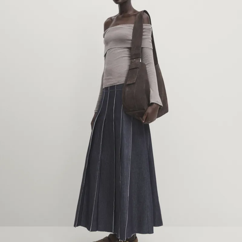 Massimo Dutti Denim Long Skirts Women's Dark Blue-2
