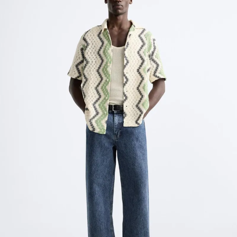 ZARA Shirts Men White/Green-2