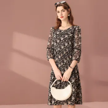 FENHONGMALI Long Sleeved Dresses Women's Black Floral