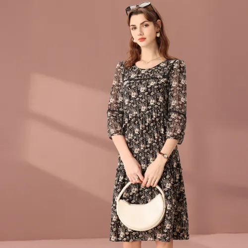 FENHONGMALI Long-Sleeved Dresses Women's Black Floral