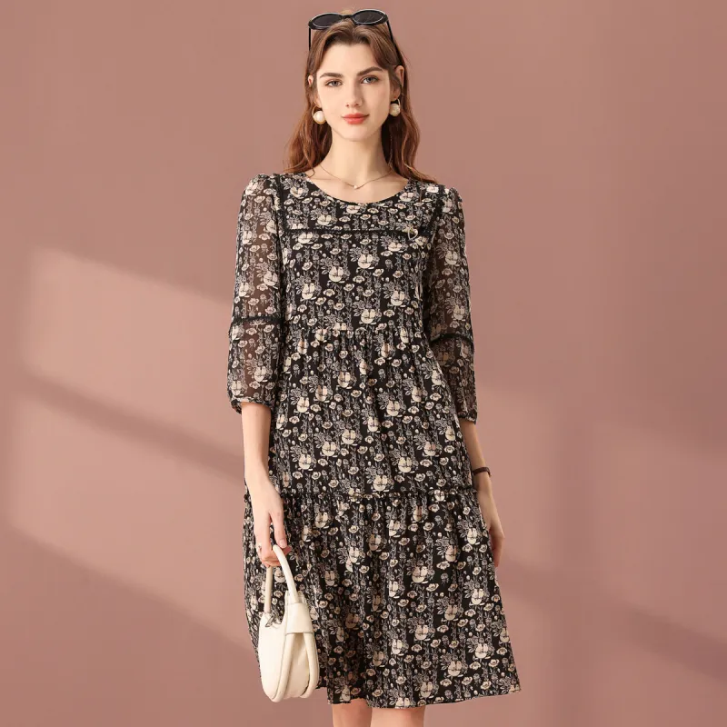 FENHONGMALI Long Sleeved Dresses Women's Black Floral-2