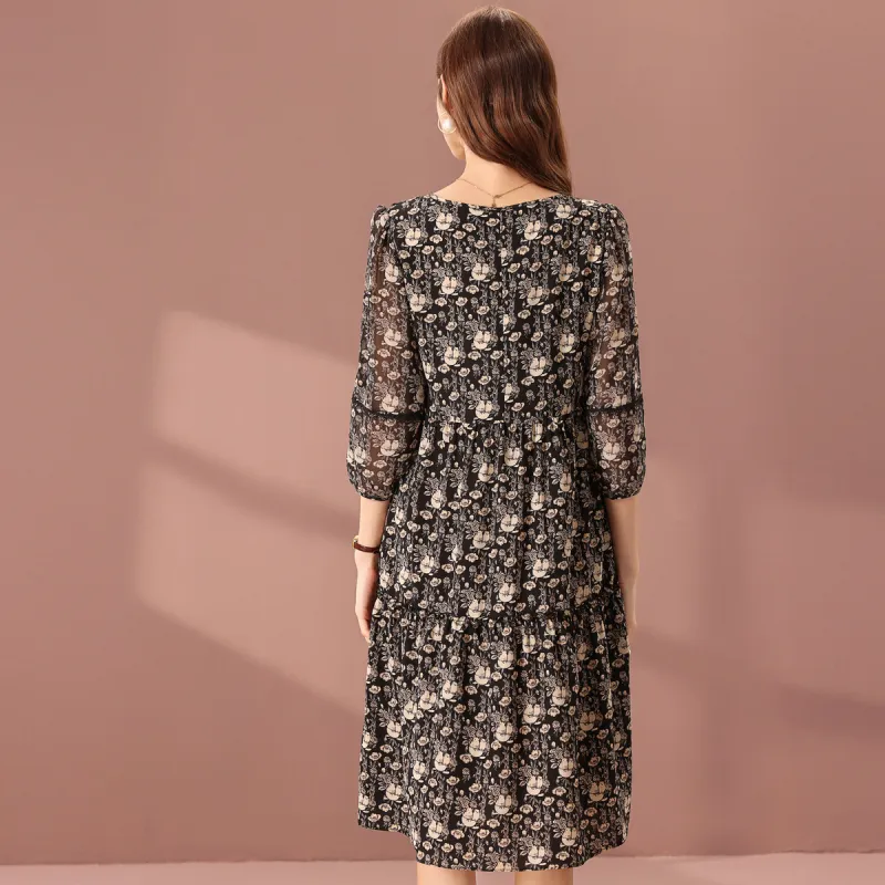 FENHONGMALI Long Sleeved Dresses Women's Black Floral-3