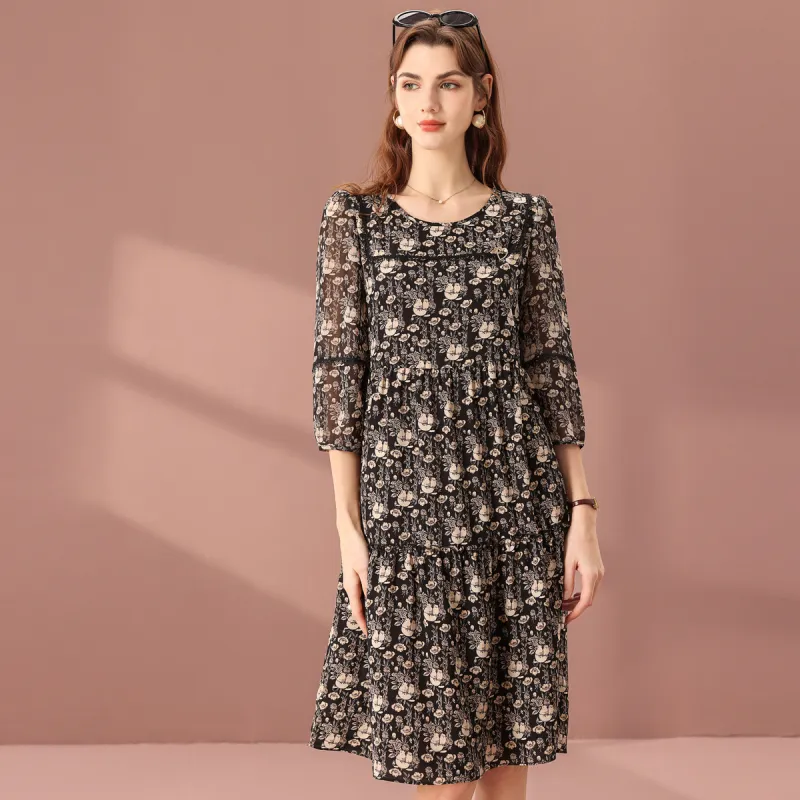 FENHONGMALI Long Sleeved Dresses Women's Black Floral-1