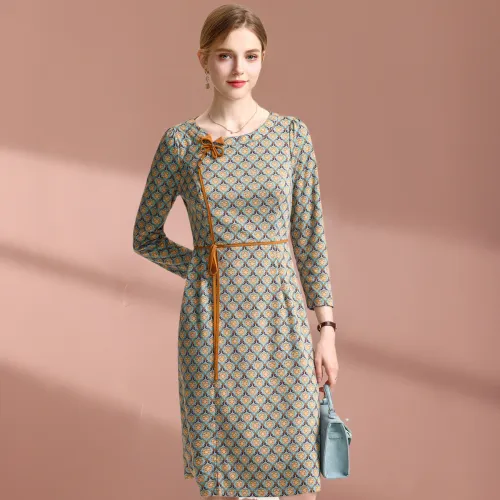 FENHONGMALI Long-Sleeved Dresses Women's Blue