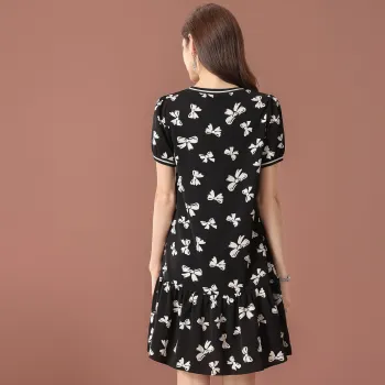 FENHONGMALI Short-Sleeved Dresses Women's Black Base With White Flowers