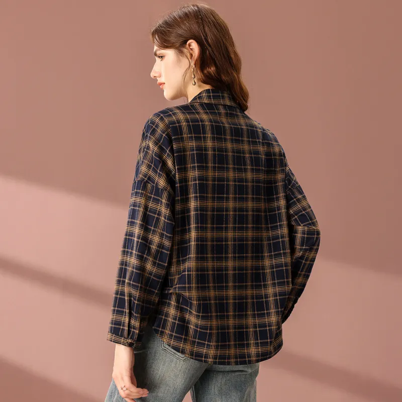 FENHONGMALI Shirt Women's Yellow Plaid-3