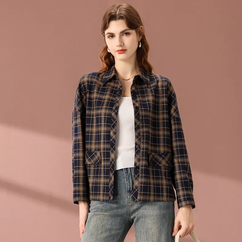 FENHONGMALI Shirt Women's Yellow Plaid-2