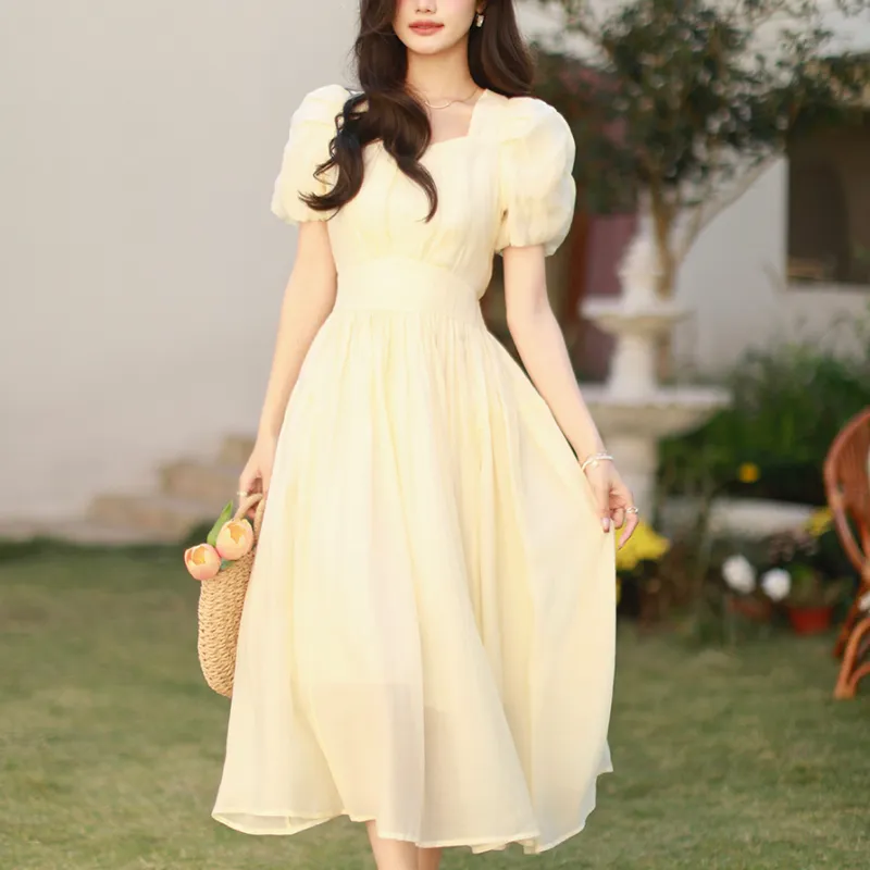 HUASJ Short Sleeved Dresses Women's Beige Yellow-3