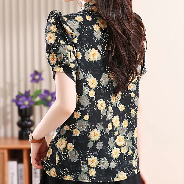 HUASJ Chiffon Shirt Women's Black Floral-4