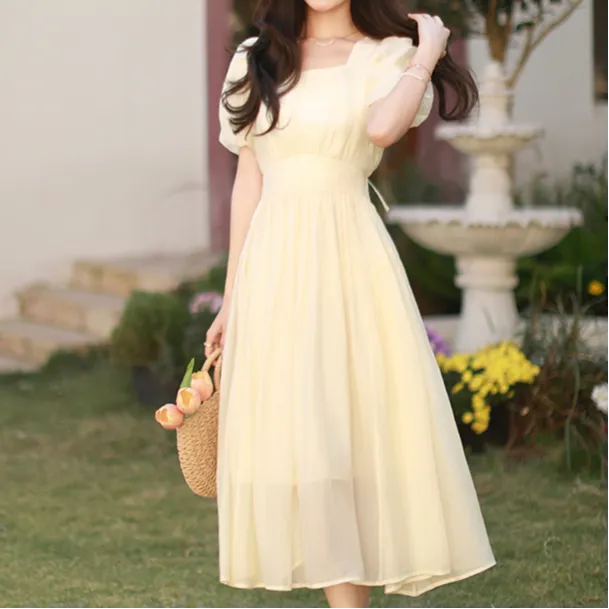HUASJ Short Sleeved Dresses Women's Beige Yellow-2
