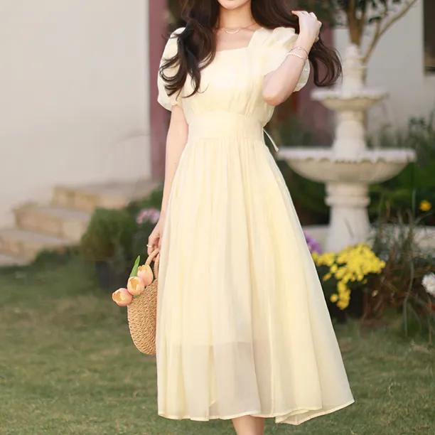 HUASJ Short Sleeved Dresses Women's Beige Yellow-4