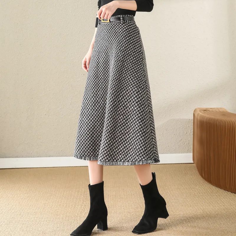 XWI Casual Long Skirts Women's Black Coffee Plaid-3