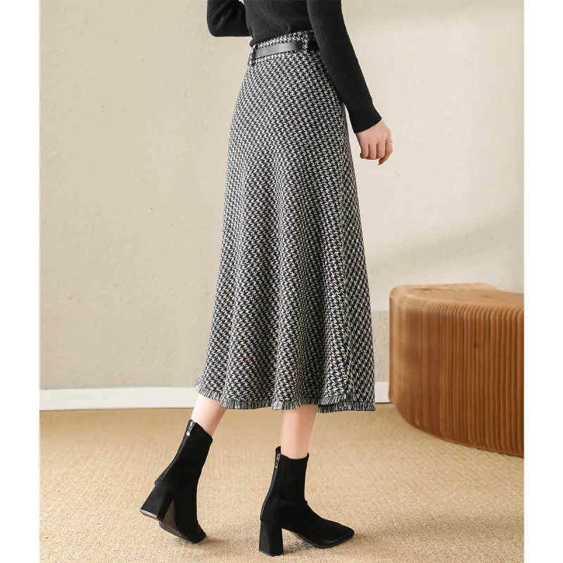 XWI Casual Long Skirts Women's Black Coffee Plaid-5