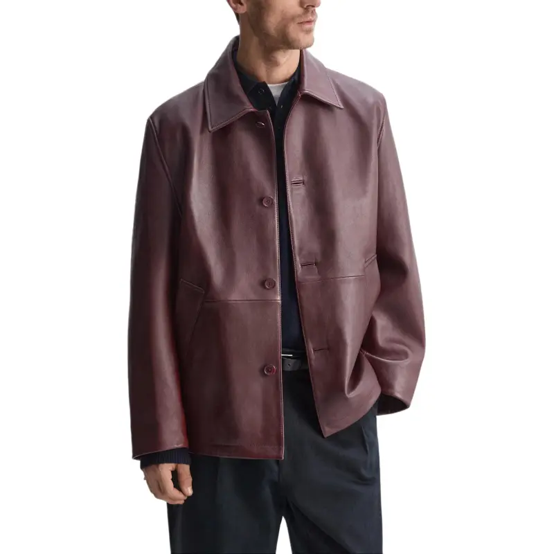 ZARA Leather Jacket Men's Burgundy Red-2