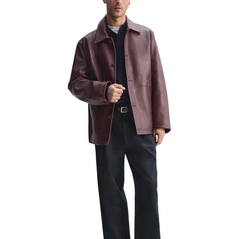 ZARA Leather Jacket Men's Burgundy Red-4