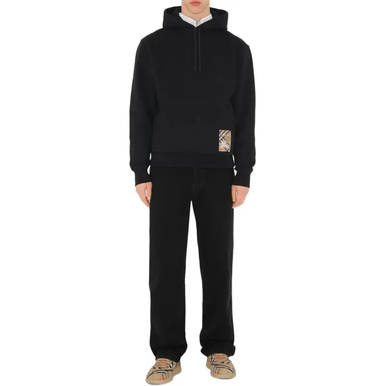 Burberry Check Label Cotton Hoodie Sweatshirt Men's Black-1