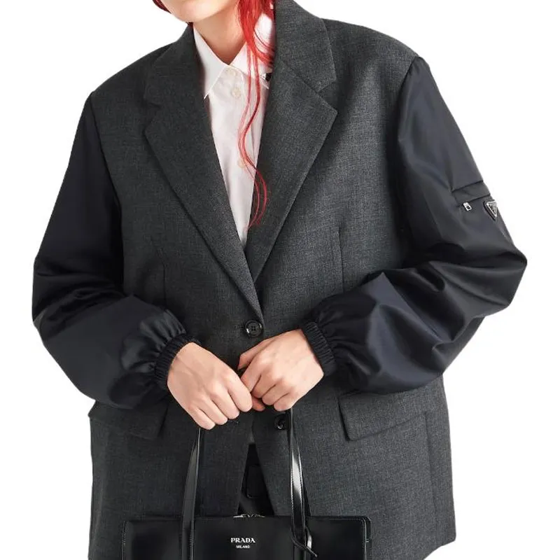 PRADA Single Breasted Wool And Re Nylon Jacket Business Suit Coat Women's Slate Gray-3