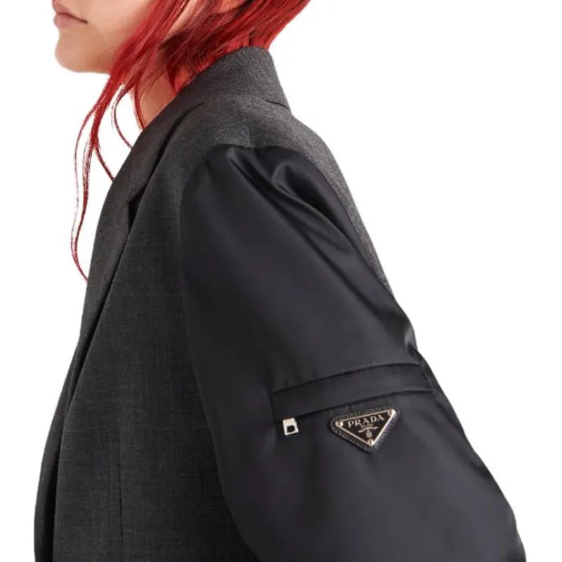 PRADA Single Breasted Wool And Re Nylon Jacket Business Suit Coat Women's Slate Gray-4