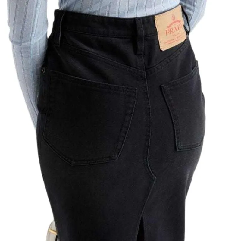 PRADA Logo Patch Slit Denim Midi Skirt-5