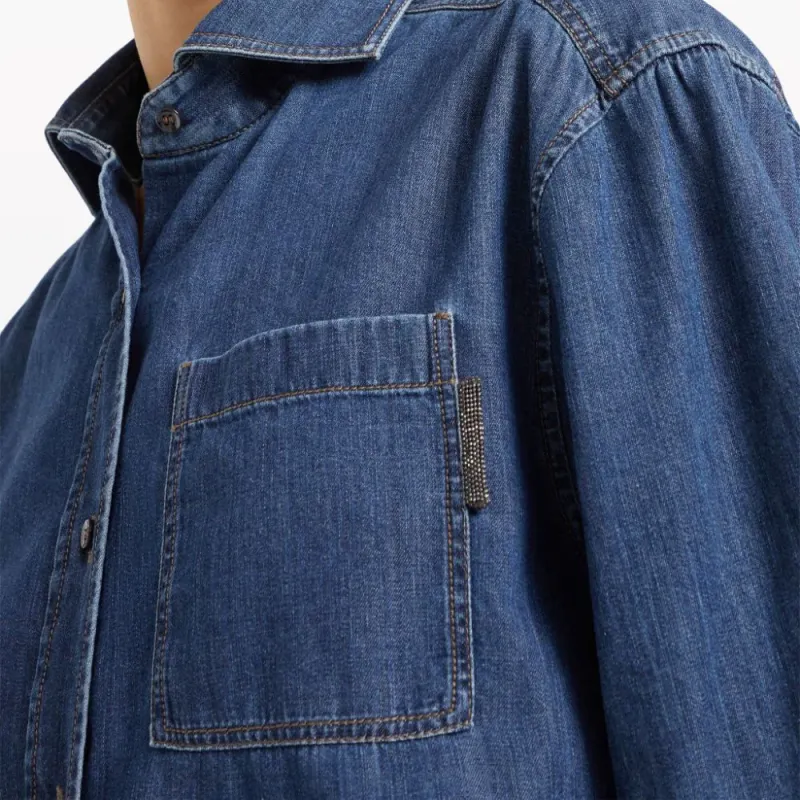 Brunello Cucinelli Buttoned Curved Hem Denim Shirt-1