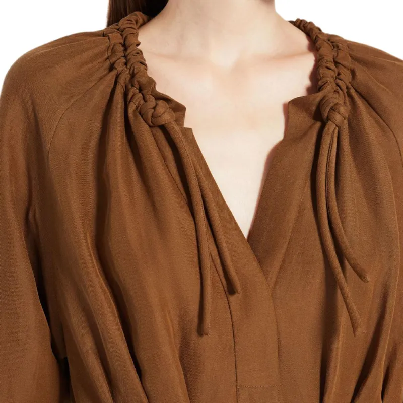 MaxMara Drina Collection Feminine Dress In Linen And Silk Long-Sleeved Dresses Women's Tobacco-4
