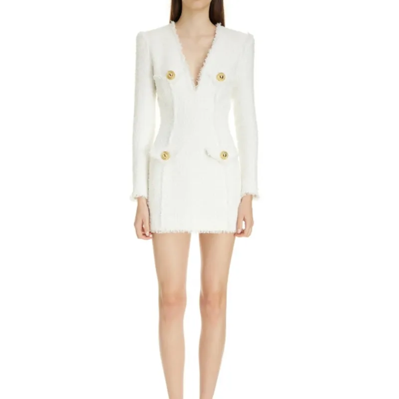 BALMAIN Long Sleeved Button-Detailed Tweed Dress-2