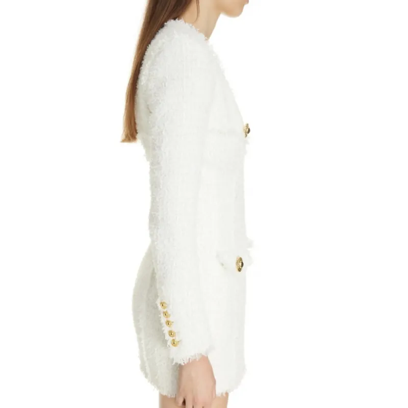 BALMAIN Long Sleeved Button-Detailed Tweed Dress-4