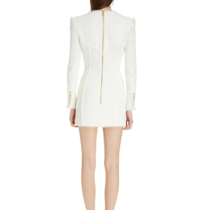 BALMAIN Long Sleeved Button-Detailed Tweed Dress-3