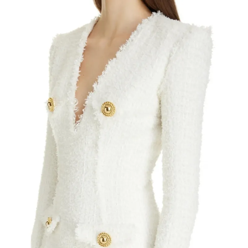 BALMAIN Long Sleeved Button-Detailed Tweed Dress-5