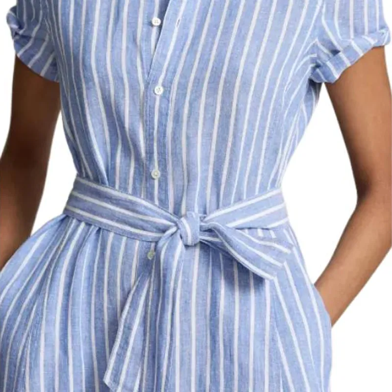 Polo Ralph Lauren Belted Striped Linen Shirtdress Short Sleeved Dress Women's Light Blue-4