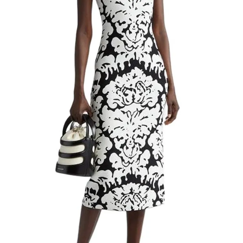Alexander McQueen Damask Intarsia Knit Sleeveless Midi Dress-3