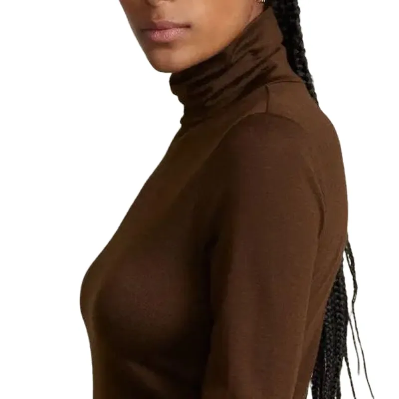 Polo Ralph Lauren FW23 Wool Blend Jersey Turtleneck Midi Dress Long Sleeved Dress Women's Umber-4