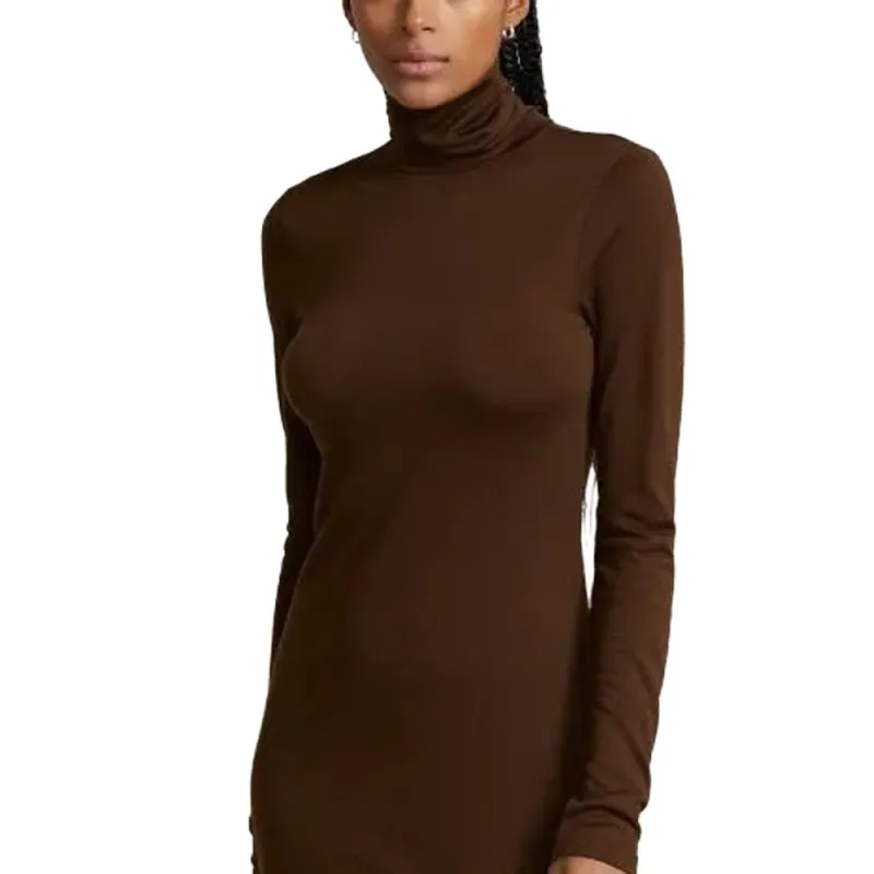 Polo Ralph Lauren FW23 Wool Blend Jersey Turtleneck Midi Dress Long Sleeved Dress Women's Umber-3