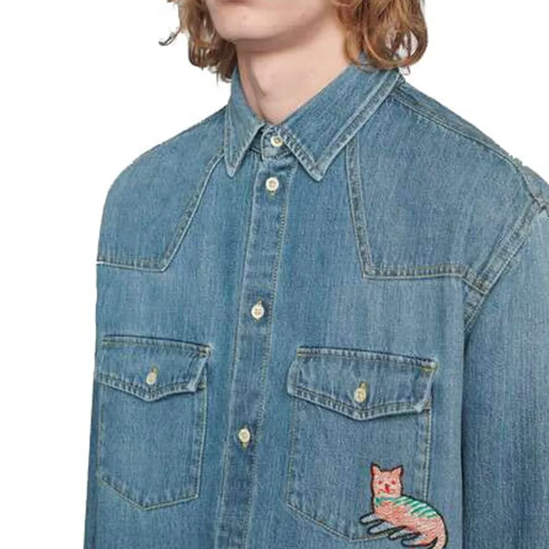 GUCCI Eco washed Cat patch Organic Denim Shirt-3