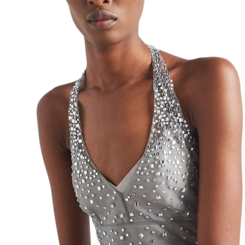 PRADA Crystal embroidered Halterneck Tulle Dress-1
