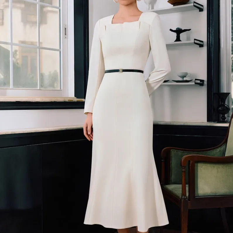 Yiner Long Sleeved Dress Women's Cream White-3