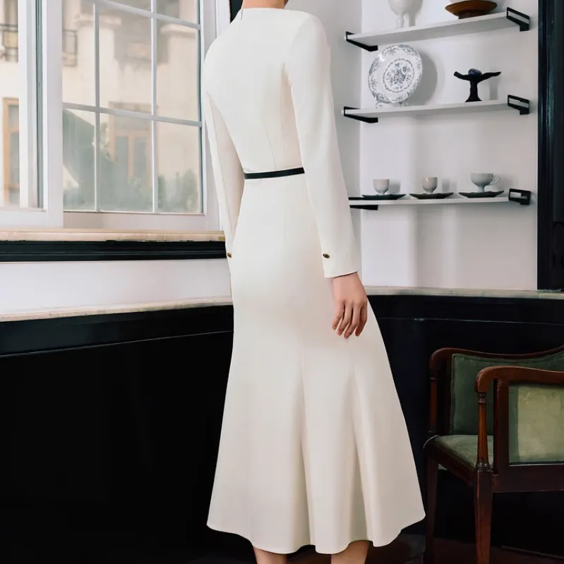 Yiner Long Sleeved Dress Women's Cream White-2