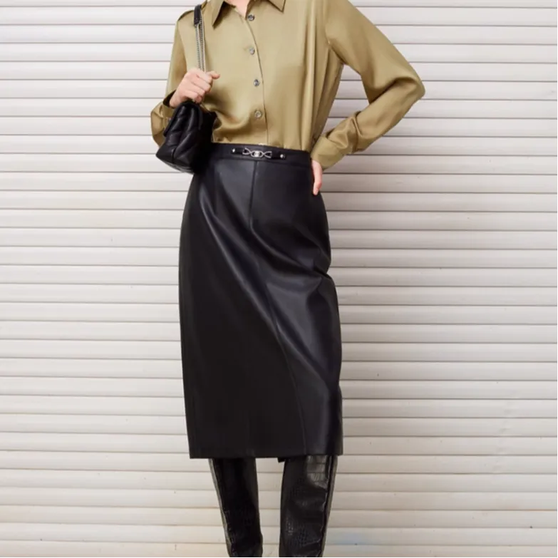 DKNY Leather Long Skirt Women's Black-2